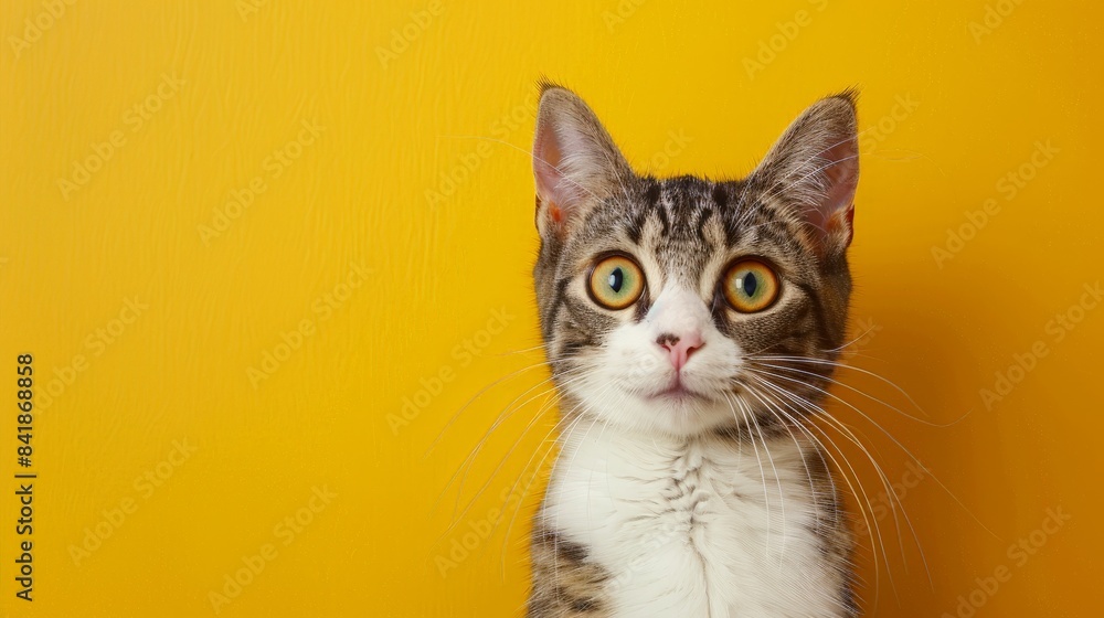 A surprised cheerful cat shows a like on a flat background poster. A surprised cheerful cat shows a like on a flat background poster.