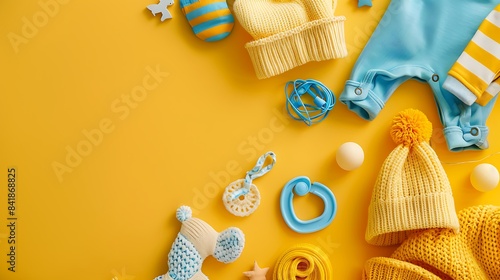 Accessories for newborns on a yellow background photo
