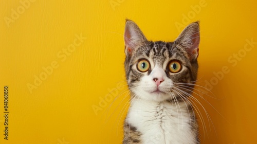A surprised cheerful cat shows a like on a flat background poster.