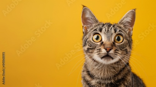 A surprised cheerful cat shows a like on a flat background poster. © nikola-master