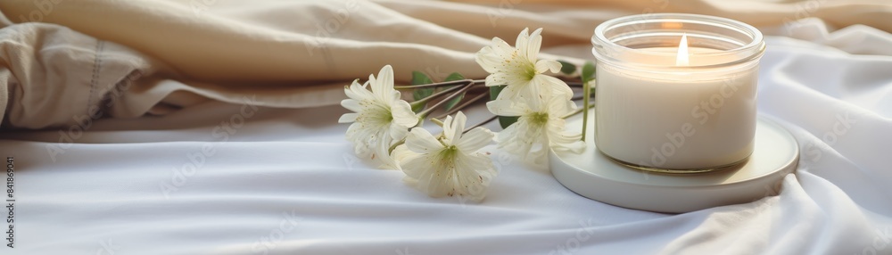 Organic cotton home wear with aroma candle on the white blanket Organic cotton home wear with aroma candle on the white blanket
