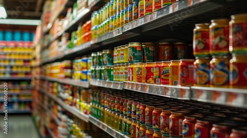 A close-up shot of a supermarket aisle filled with neatly stacked cans and jars of various canned foods  showcasing the variety and abundance available in modern grocery stores