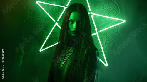 a woman with green neon lights in front of her photo