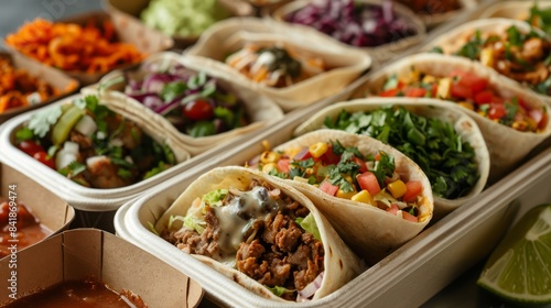 A selection of freshly made burritos in a to-go container  with plenty of copy space