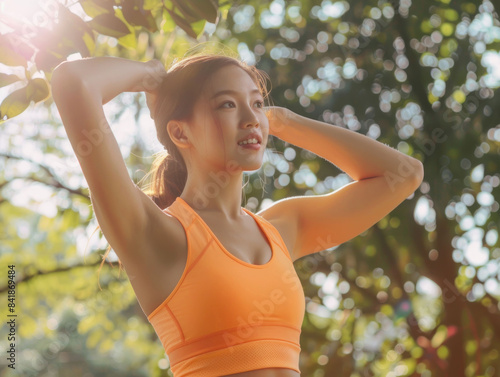 Female jogger. Fit young Asian woman with orange sportswear stretching muscle in park before running and enjoying a healthy outdoor. Fitness runner girl in public park. Wellness being concept