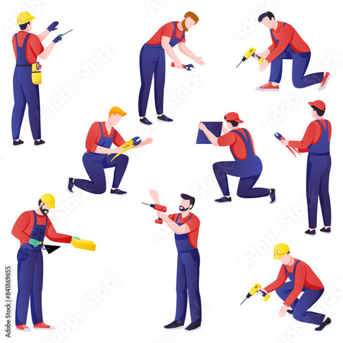 Professional workers men set, isolated on white background. Home maintenance services design elements. Handyman makes house repair works. Vector flat cartoon character illustration