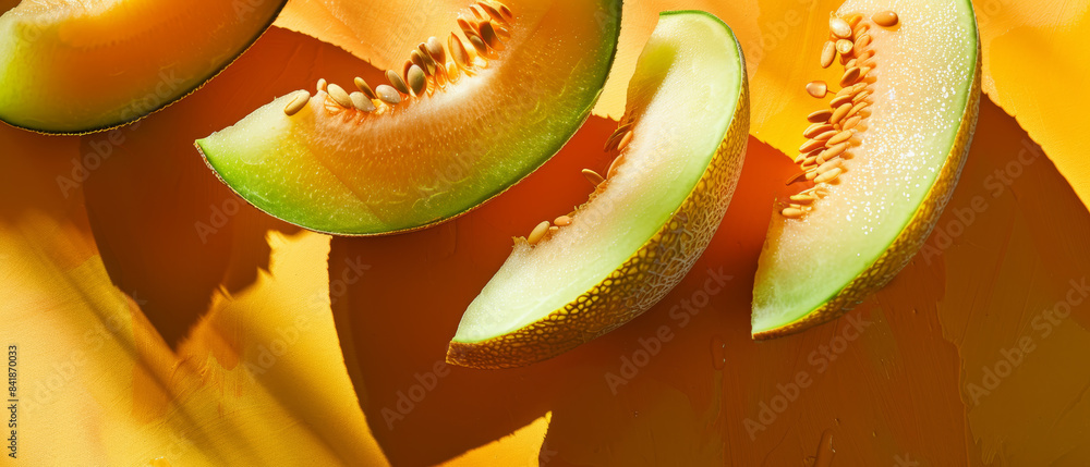 Freshly sliced cantaloupe pieces are beautifully arranged on a vibrant ...