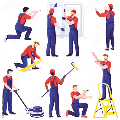 Professional workers men set, isolated on white background. Handyman makes house repair works. Vector flat cartoon character illustration