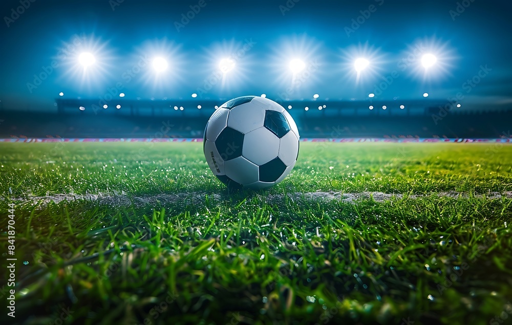Soccer stadium field with a ball on the grass under night lights