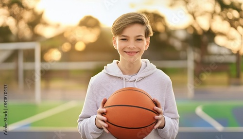 boy in athletic wear confidently holding a basketball on an outdoor court 