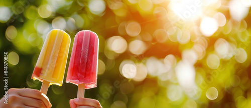 Two colorful, refreshing popsicles held up against a sunlit, bokeh-filled background, evoking a cheerful, summery vibe perfect for a warm day.