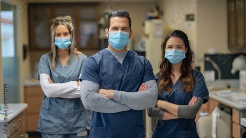 A male dentist and two female dental assistants stand in a dental office  arms crossed  wearing blue scrubs and surgical masks