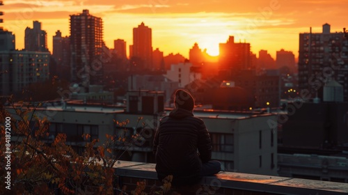 A solitary figure sits in contemplation on a rooftop, gazing at the urban horizon as the setting sun casts a warm glow over the cityscape, evoking a mood of reflection and tranquility.