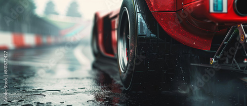 An intense close-up of a race car tire on a wet track with water droplets, capturing the raw power and speed just before the race begins. photo