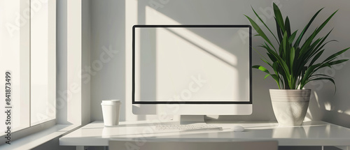 A minimalist, modern workspace with a blank computer screen, a potted plant, and a coffee cup, bathed in soft sunlight from nearby windows. © Ai Studio