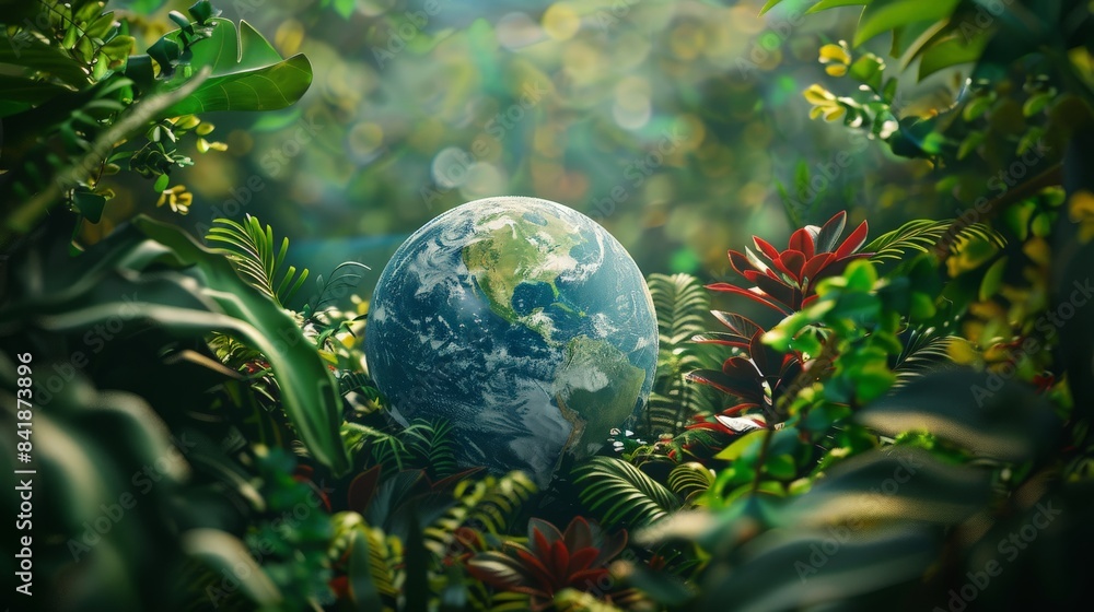 Planet earth on a background of beautiful green vegetation poster. Planet earth on a background of beautiful green vegetation poster.