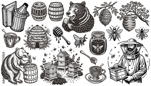 Set of apiarist harvesting honey, bears eating honey and honeycombs with bees flying around, designed in vintage style