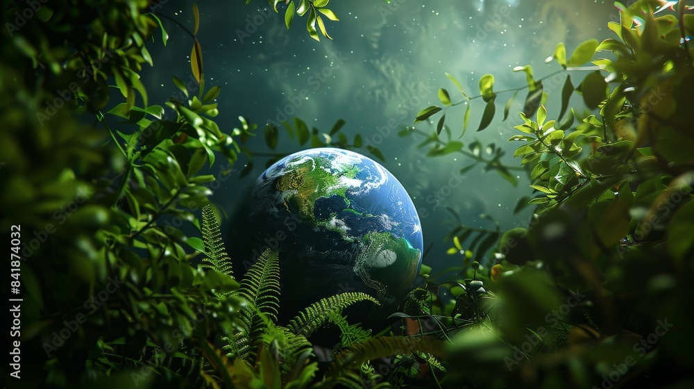 Planet earth on a background of beautiful green vegetation poster. Planet earth on a background of beautiful green vegetation poster.