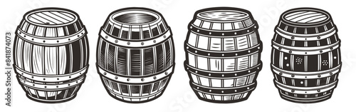 Set of four barrels with wood texture and metal rings in vintage monochrome style for brewery, winery, distillery or alcohol production