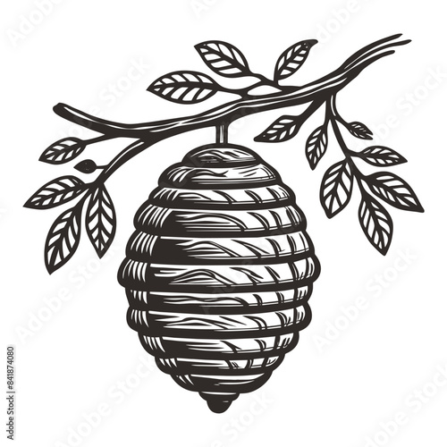 Beehive is hanging from a branch with leaves in this vintage linocut style illustration, ideal for designs related to nature, ecology, or beekeeping