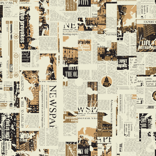 seamless pattern with collage of newspaper or magazine clippings. Vector background in retro grunge style with titles, illustrations and imitation of text. Suitable for wallpaper, wrapping paper, fabr photo