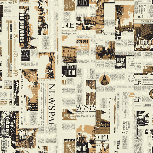 seamless pattern with collage of newspaper or magazine clippings. Vector background in retro grunge style with titles, illustrations and imitation of text. Suitable for wallpaper, wrapping paper, fabr