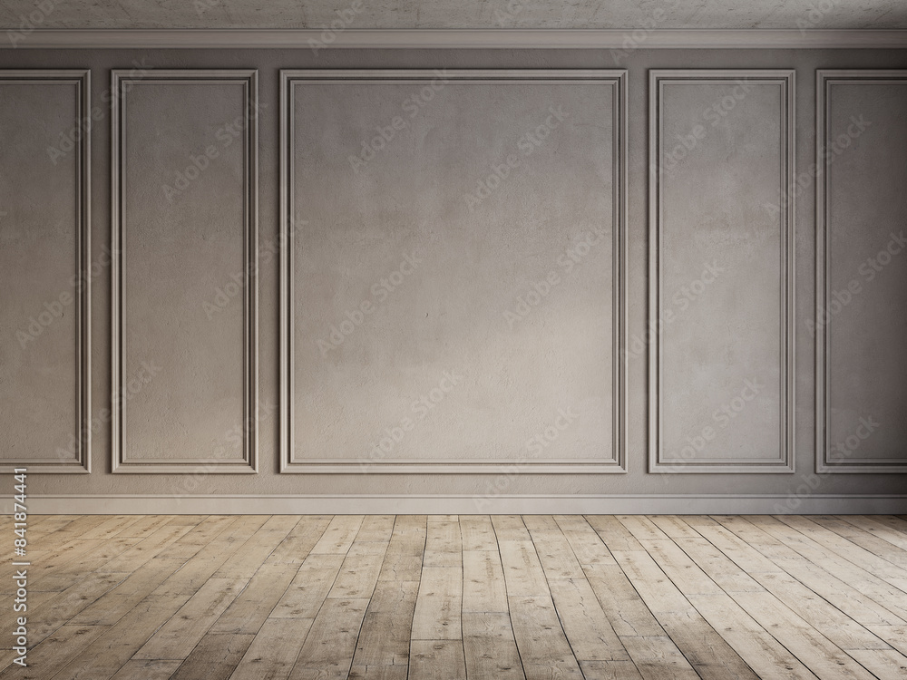 Loft gray-beige interior with classic moldings and old wood floor. 3d render illustration mockup. Loft gray-beige interior with classic moldings and old wood floor. 3d render illustration mockup.