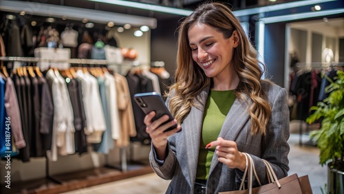 woman using the smart mobile phone for check online shopping order is completed with clothes  in store shop with happy action at department center