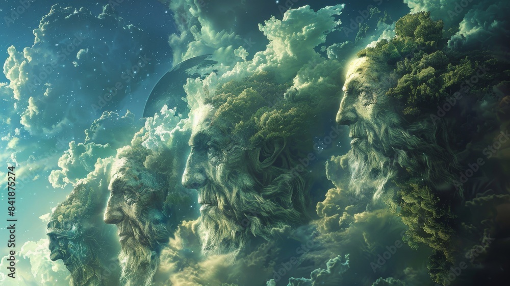 A group of four faces are on a mountain A group of four faces are on a mountain