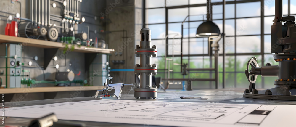 A modern industrial workspace with mechanical parts and blueprints spread across a table, bathed in natural light filtering through large windows. A modern industrial workspace with mechanical parts and blueprints spread across a table, bathed in natural light filtering through large windows.