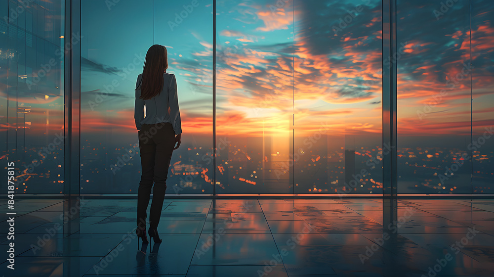A businesswoman in a modern office gazes at the downtown skyline, capturing ambition and urban professional life. A businesswoman in a modern office gazes at the downtown skyline, capturing ambition and urban professional life.