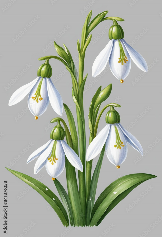 Fototapeta premium Snowdrop flower clipart, white background, illustration style, vector graphics, detailed illustrations, watercolor painting in the style of, high resolution, high quality, high detail, high definition
