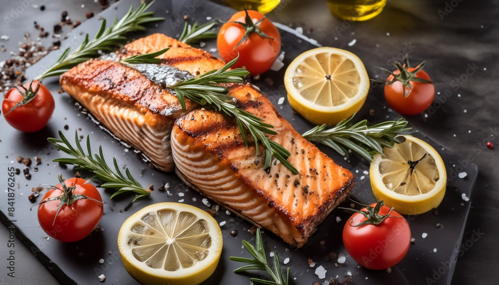 Grilled salmon steak with asparagus, broccoli, carrot, tomato, radish, green beans and peas flying professional photography for restaurant menu
Grilled salmon steak with asparagus, broccoli, carrot, tomato, radish, green beans and peas flying professional photography for restaurant menu