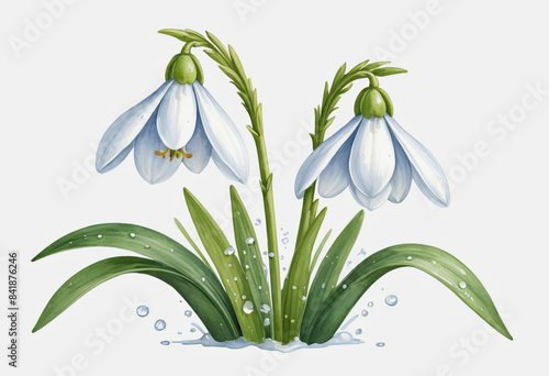 Snowdrop flower clipart, white background, illustration style, vector graphics, detailed illustrations, watercolor painting in the style of, high resolution, high quality, high detail, high definition