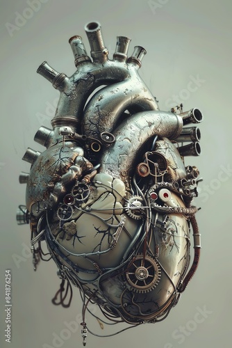 A schematic representation of a human heart, rendered as a complex, intricate machine, with gears, levers, and pipes intricately connected, high resolution DSLR