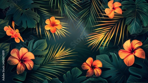 Hibiscus flowers and tropical leaves with a dark background illuminated by warm light creating a vibrant botanical display