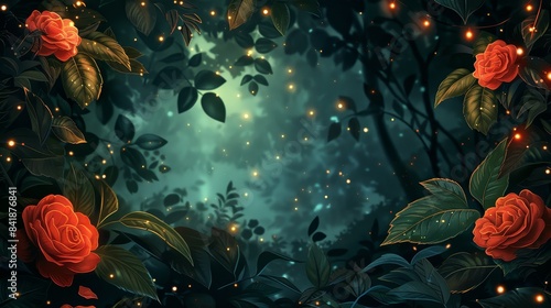 Red roses with green leaves and glowing fireflies creating a magical nighttime garden scene with soft lighting