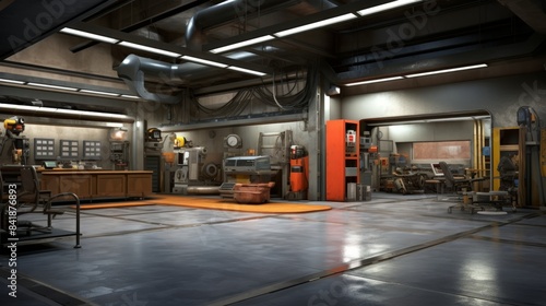 A large, clean, and well-lit garage with a yellow car parked in the middle. The garage is filled with various tools and equipment, including a forklift and a car lift. Scene is one of efficiency