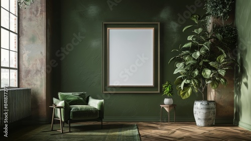 Poster frame mockup in dark olive color living room interior.