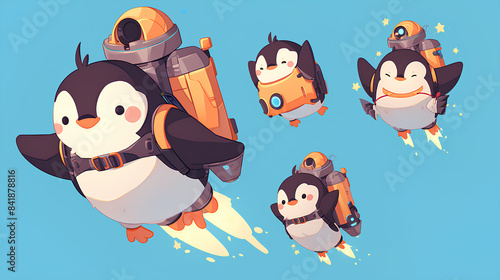 cute penguin mascot wearing a jetpack