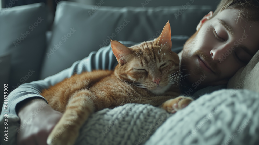 Moments of Serenity: A Young Man and His Sleeping Cat on the Sofa Moments of Serenity: A Young Man and His Sleeping Cat on the Sofa