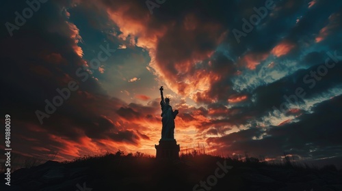 A dramatic poster featuring the silhouette of the Statue of Liberty against a sunset sky.