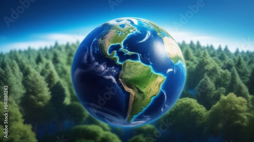 Earth globe illustration flight above trees forest with plants copy space banner ecological earth day hour safe trees mountains environmental problems on blue background