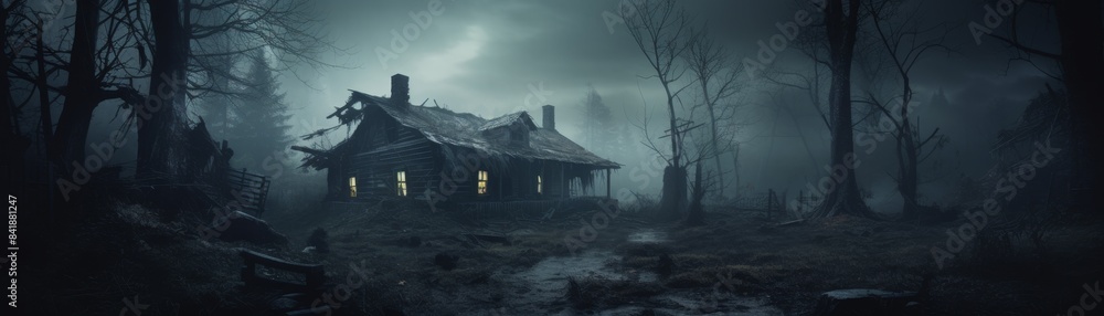 A dark, stormy night with a house in the woods. The house is old and ...