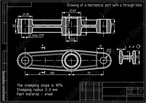 Vector drawing of a steel mechanical part with through holes and dimension lines.
Engineering cad scheme. Technical template.