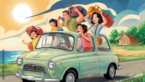 A happy family carrying their belongings in the car and getting ready to go out and spend the summer vacation at the seaside, 