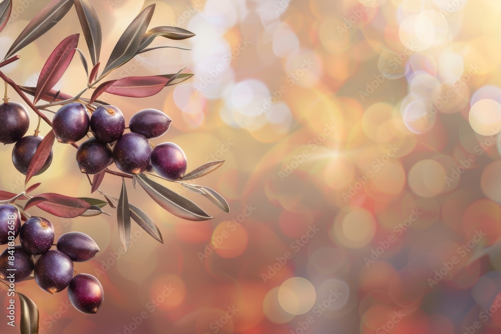 Olive branch with ripe fruits on a warm bokeh background Olive branch with ripe fruits on a warm bokeh background