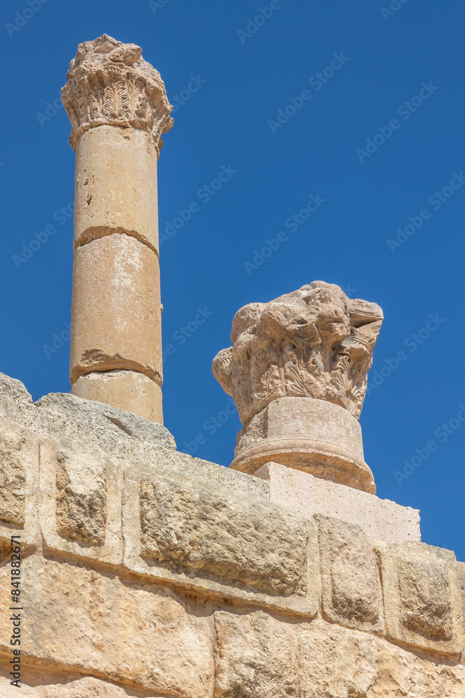 Pillars of temple of Zeus closeup. .Ruins of  Gerasa. Jordan. Vertically. 