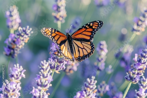 A monarch butterfly on a lavender bloom  wings spread to showcase their detailed patterns