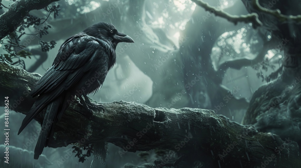 Fototapeta premium A black crow is perched on a tree branch in a dark forest